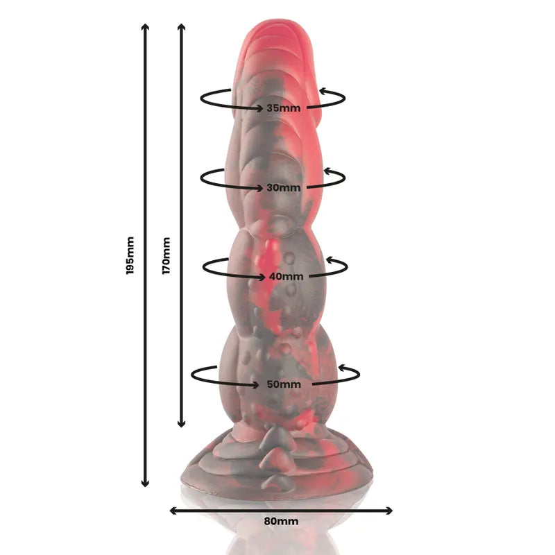 Gode silicone rouge et noir, texturé, inspiré mythologie grecque, base large, dimensions visibles, design réaliste.