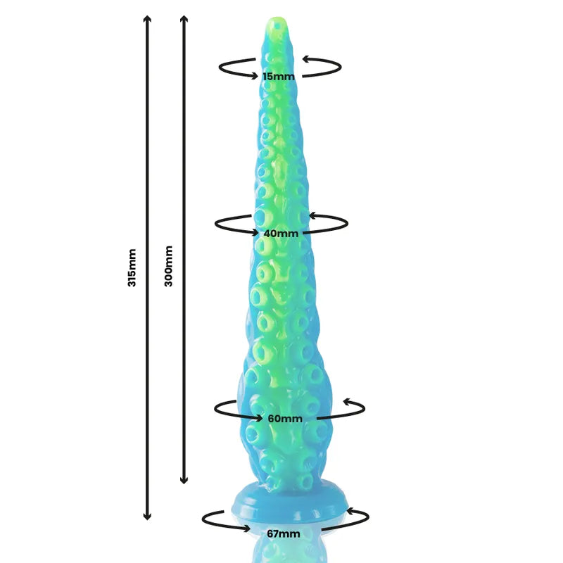 Gode Scylla mythologique en silicone, texturé, coloré bleu et vert, forme tentaculaire, base stable, 315mm.