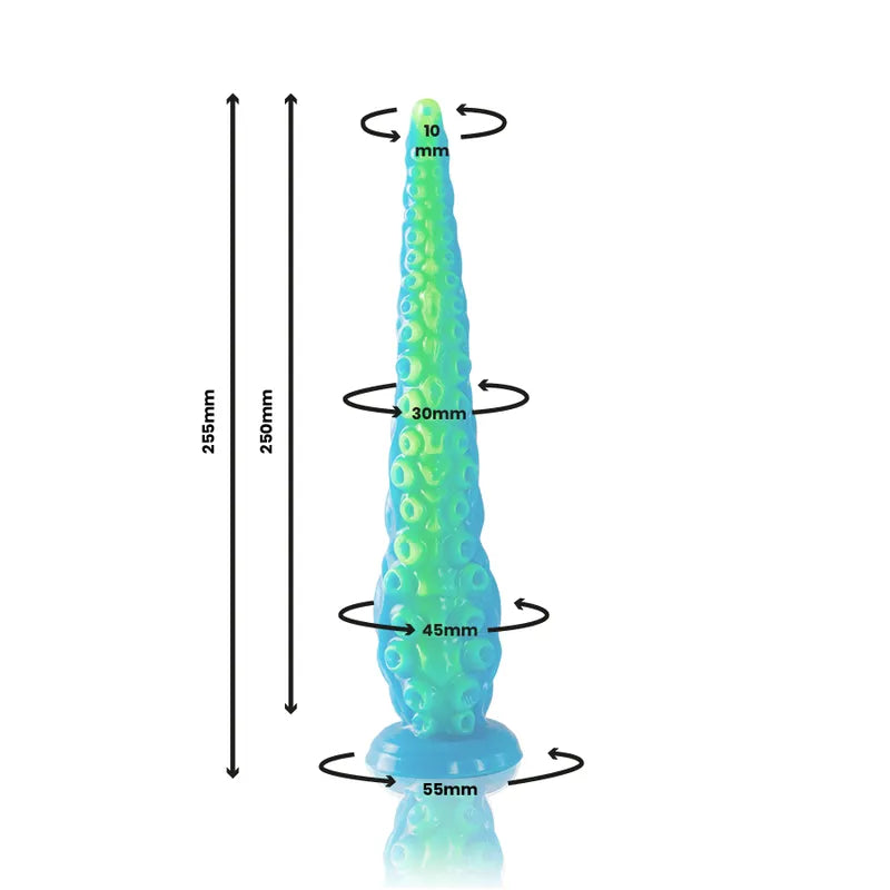 Gode silicone bleu-vert inspiré mythologie grecque, forme conique progressive, base stable, texture ergonomique.