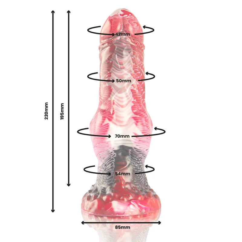 Gode silicone réaliste rose et noir, texture mythologique grecque, courbes détaillées, dimensions visibles, base stable.