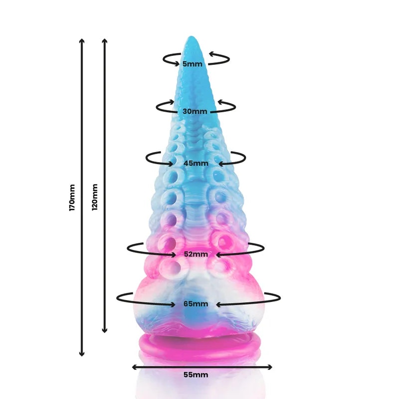 Gode silicone bleu et rose, inspiré mythologie grecque, forme conique, embout fin, détails ergonomiques pour stimulation p...