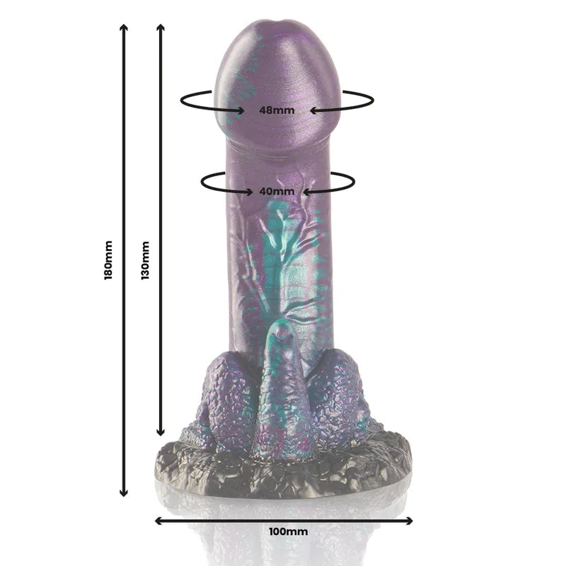 Gode silicone violet mythologique, gland 48mm, tige 40mm, base 100mm, longueur totale 180mm, design réaliste et ergonomique.