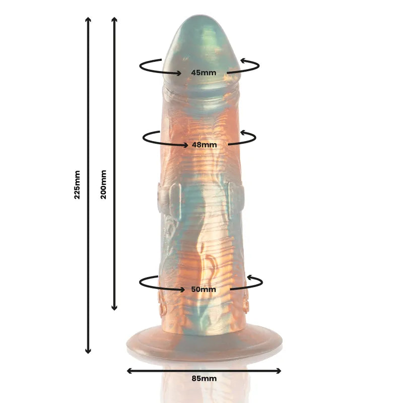 Gode vibrant en silicone bleu et cuivre, texturé, forme profilée, base stable, télécommande, mythologie grecque.