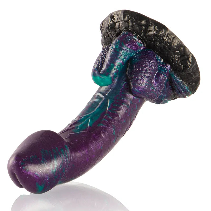 Gode silicone mythologique, violet et turquoise, texture réaliste, base noire, stimulation intense, ergonomique, 180mm.