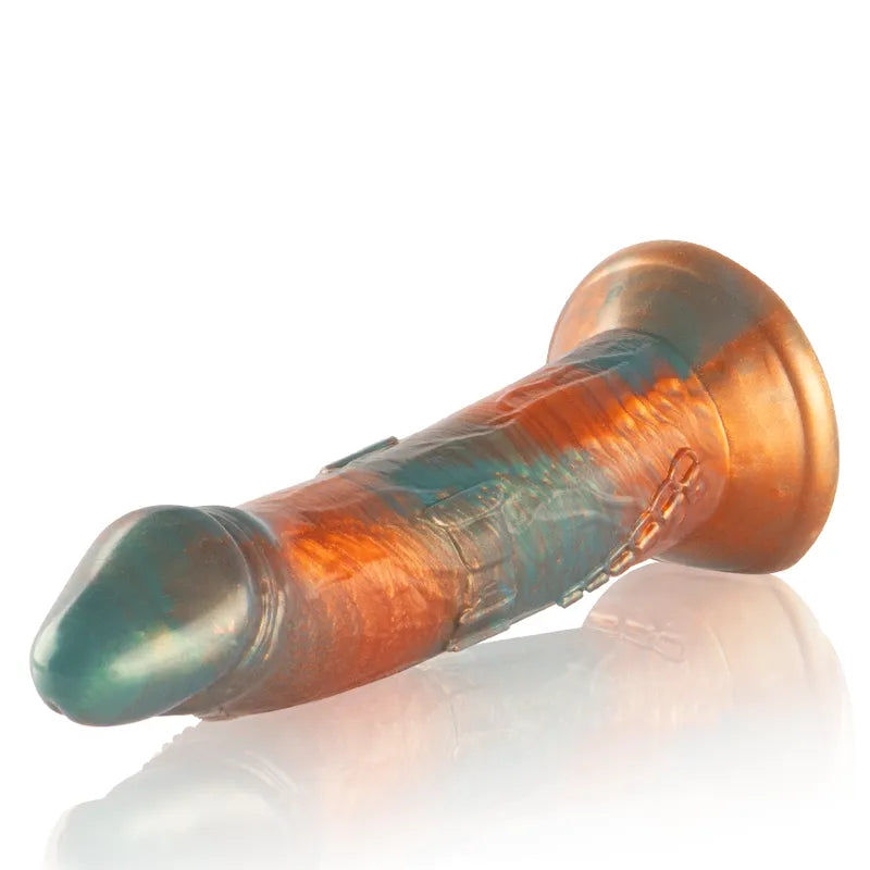 Gode vibrant Talos en silicone, couleurs bronze et turquoise, texturé, profilé, avec télécommande intuitive et étanche.