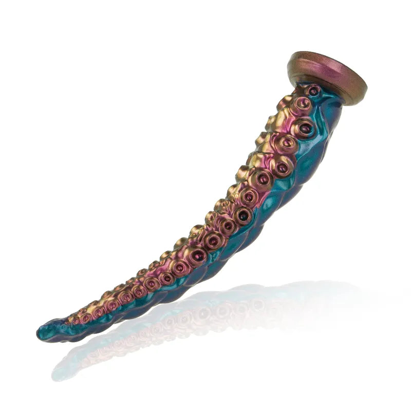 Gode silicone mythologique bleu et doré, forme réaliste, base stable, texture détaillée, ergonomique, télécommandé.