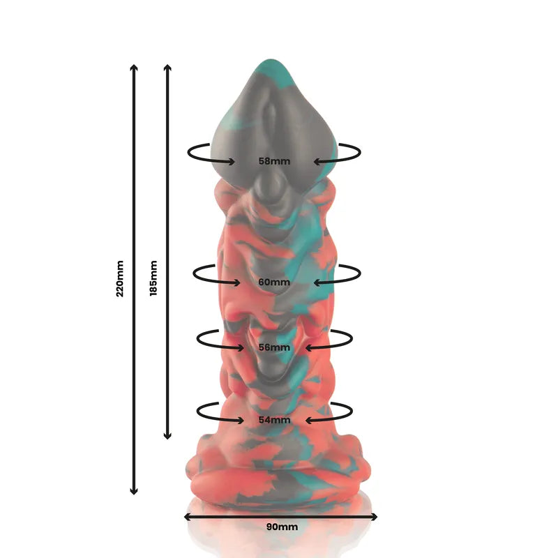 Gode silicone mythologie grecque, couleurs marbrées, forme réaliste, texture douce, dimensions indiquées, base large.