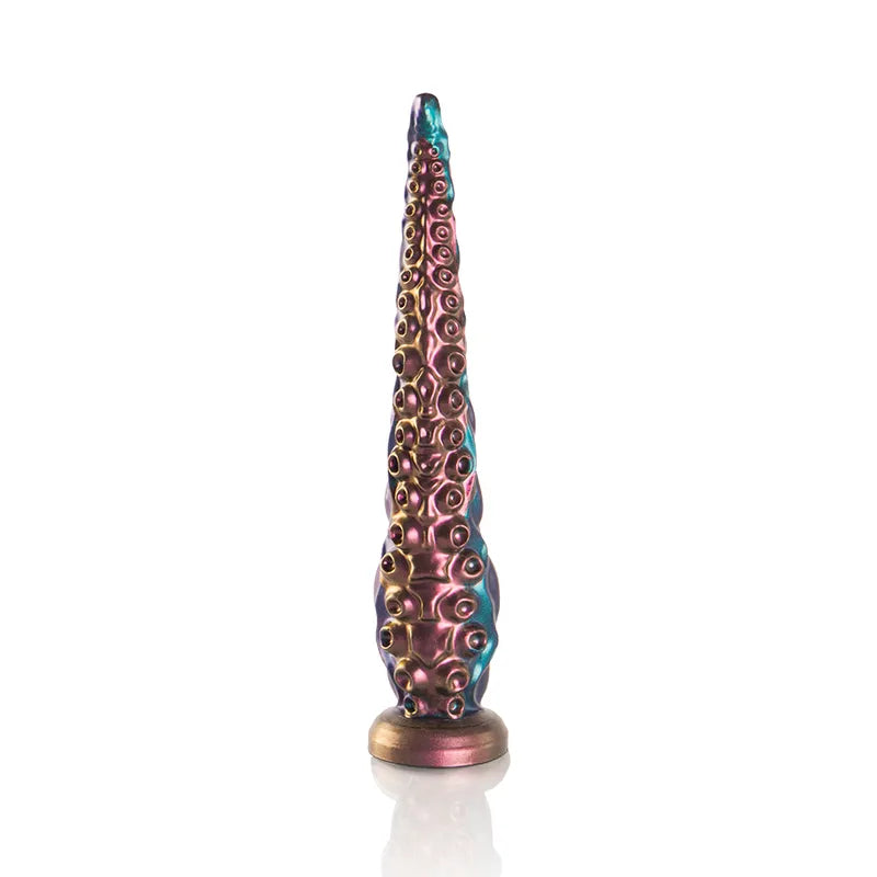 Gode en silicone médical, forme réaliste, couleur bronze et bleu, base stable, inspiré mythologie grecque épique.