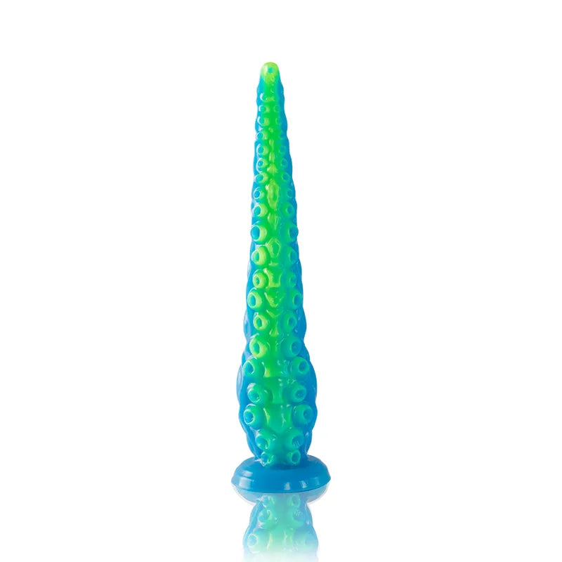 Gode silicone bleu-vert inspiré mythologie grecque, forme conique, base stable, surface texturée, design ergonomique.