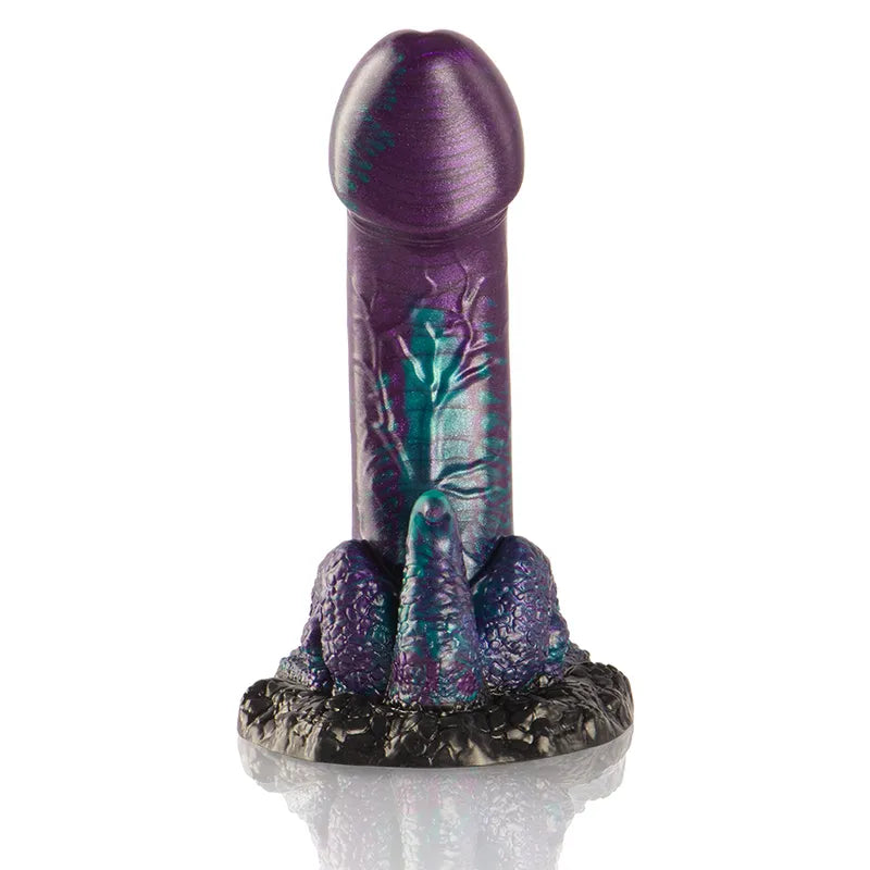 Gode silicone violet mythologie grecque, gland 48mm, tige texturée, base large noire, design ergonomique et réaliste.