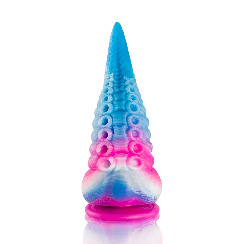 Gode silicone bleu et rose, inspiré mythologie grecque, forme ergonomique, embout fin, stimulation ciblée.