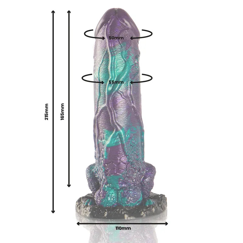 Gode silicone Basilisk violet et turquoise, texture réaliste, détails sculptés, inspiré mythologie grecque, haute qualité.