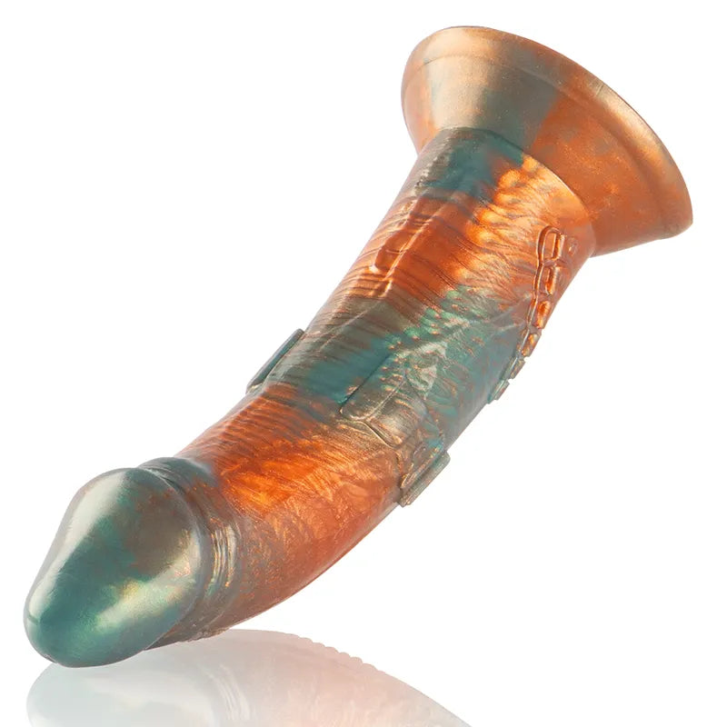 Gode vibrant silicone Talos, couleurs bronze et vert, surface texturée, profilé ergonomique, télécommande intuitive.