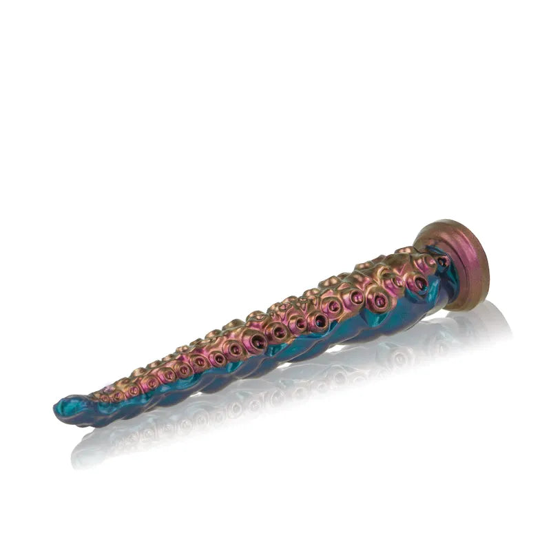 Gode silicone médical mythologie grecque, forme réaliste, couleur bronze et bleu, base stable, ergonomique.