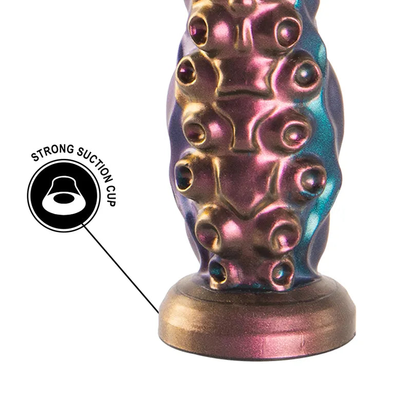 Gode silicone médical mythologie grecque, multicolore, forme réaliste, base ventouse stable, texture ergonomique.