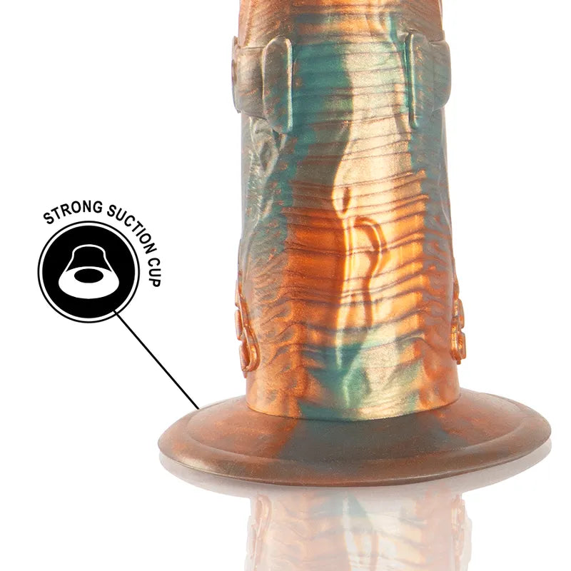 Gode vibrant Talos silicone, couleurs bronze et turquoise, surface texturée, ventouse puissante, design mythologie grecque.