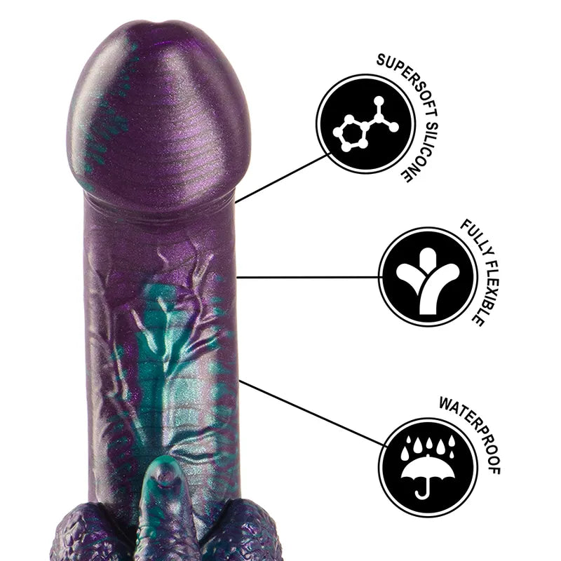Gode silicone violet et turquoise, forme réaliste, détails mythologiques, stimulation intense, ergonomique et sécurisée.