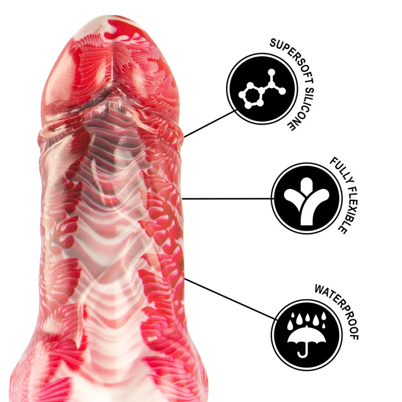 Gode silicone réaliste rouge et transparent, texture mythologique grecque, courbes naturelles, gland détaillé.