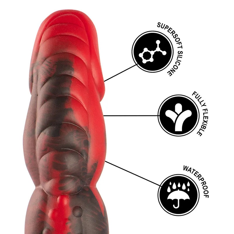 Gode silicone rouge texturé, inspiré mythologie grecque, souple, base large, ergonomique, pour plaisir intense.