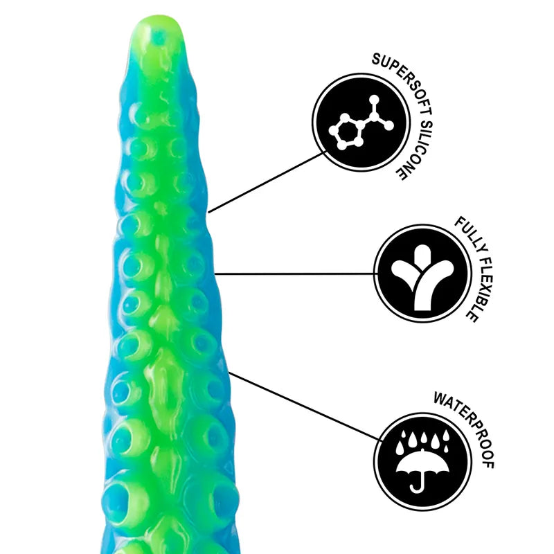 Gode en silicone bleu-vert, forme ergonomique, pointe fine, texture inspirée mythologie grecque, flexible et étanche.