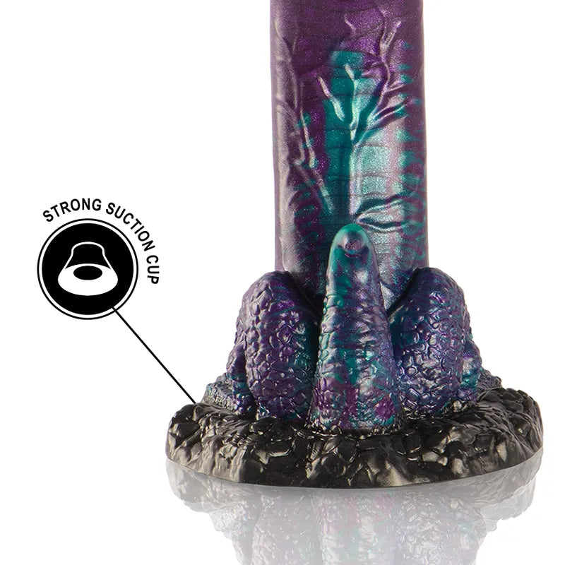 Gode silicone mythologique, violet et turquoise, base ventouse, texture réaliste, stimulation intense, design ergonomique.