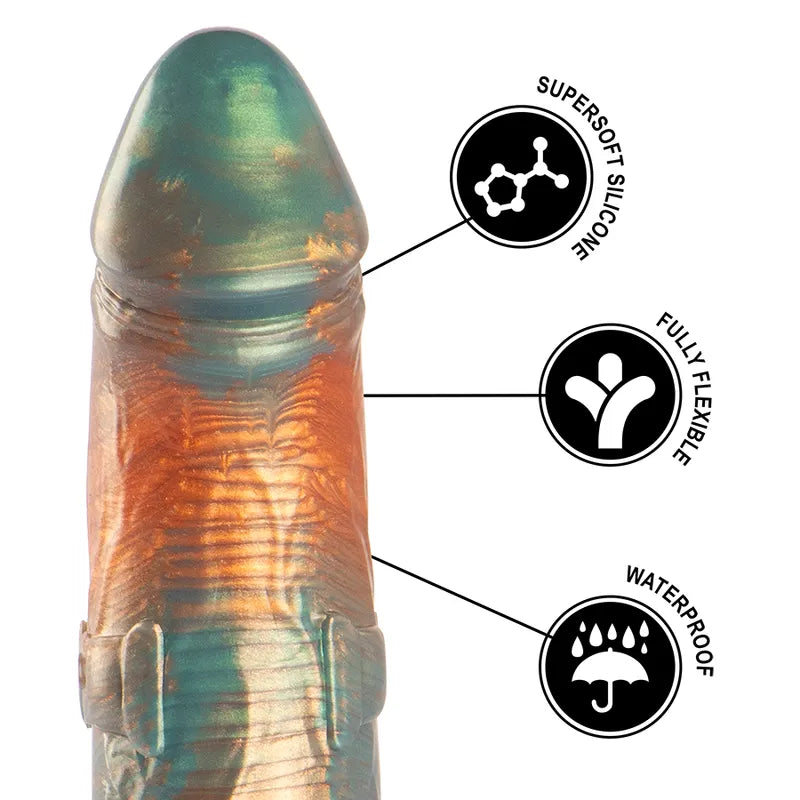 Gode vibrant Talos en silicone multicolore, texturé, profilé, avec télécommande, inspiré de la mythologie grecque.