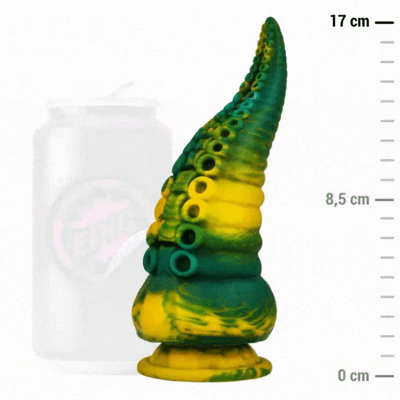 Gode silicone mythologique grecque, vert et jaune, texturé, forme progressive, 17 cm, ergonomique, hypoallergénique.
