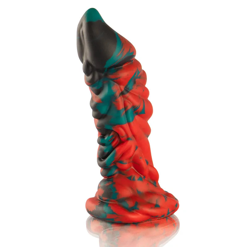 Gode silicone mythologie grecque, rouge et noir, texture réaliste, base large, vibrations télécommande, 185mm.