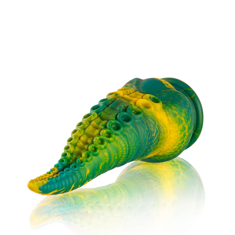 Gode en silicone mythologique vert et jaune, texturé, inspiré grec, ergonomique, hypoallergénique, étanche.