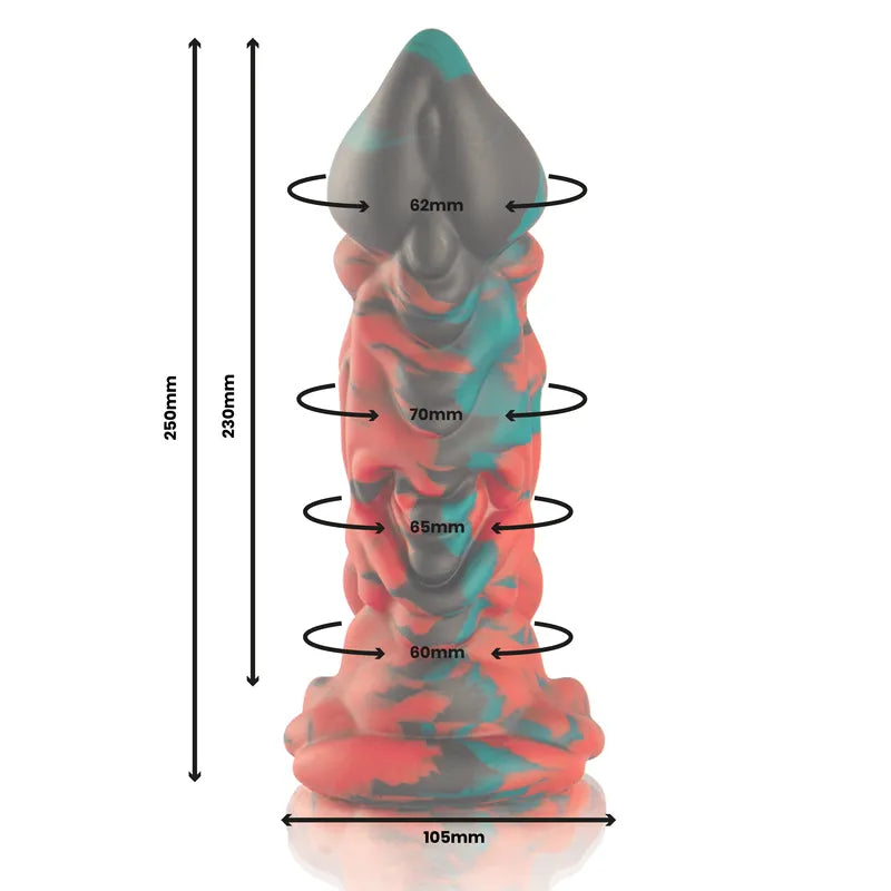 Gode mythologique silicone multicolore, texture lisse, gland 62 mm, base sécurisée, design inspiré mythologie antique.
