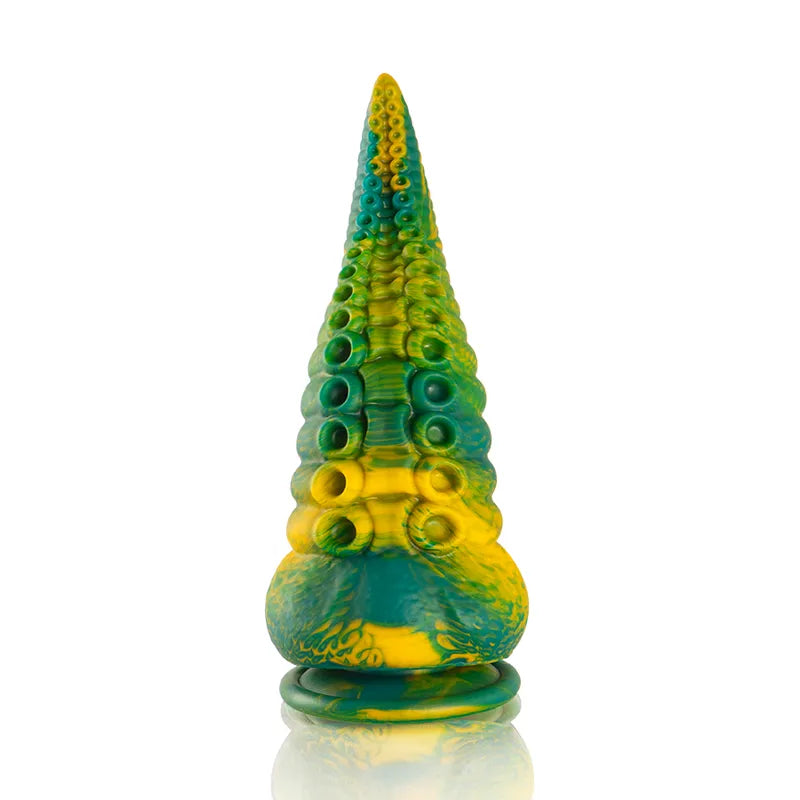Gode silicone mythologique vert et jaune, texturé, inspiré grec, ergonomique, hypoallergénique, étanche, souple.