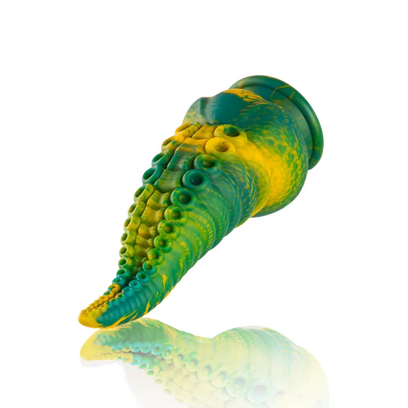 Gode en silicone mythologique vert et jaune, texturé, inspiré des légendes grecques, ergonomique et étanche.