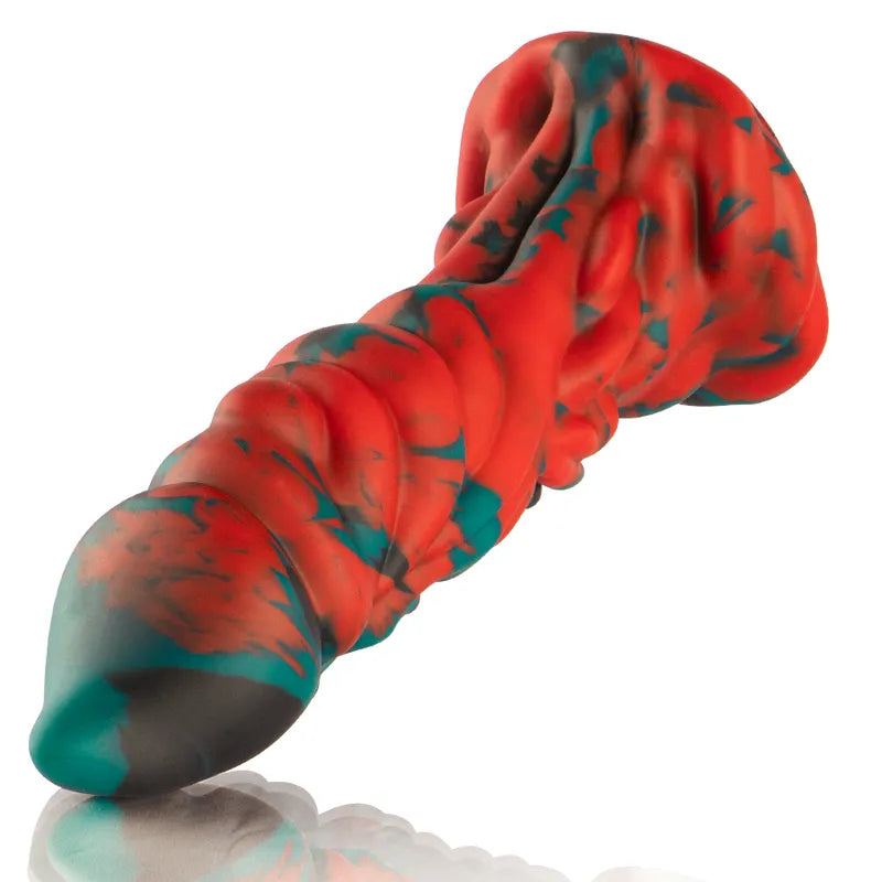 Gode mythologique silicone rouge et noir, texture lisse, forme réaliste, ergonomique, base sécurisée, gland 62 mm.