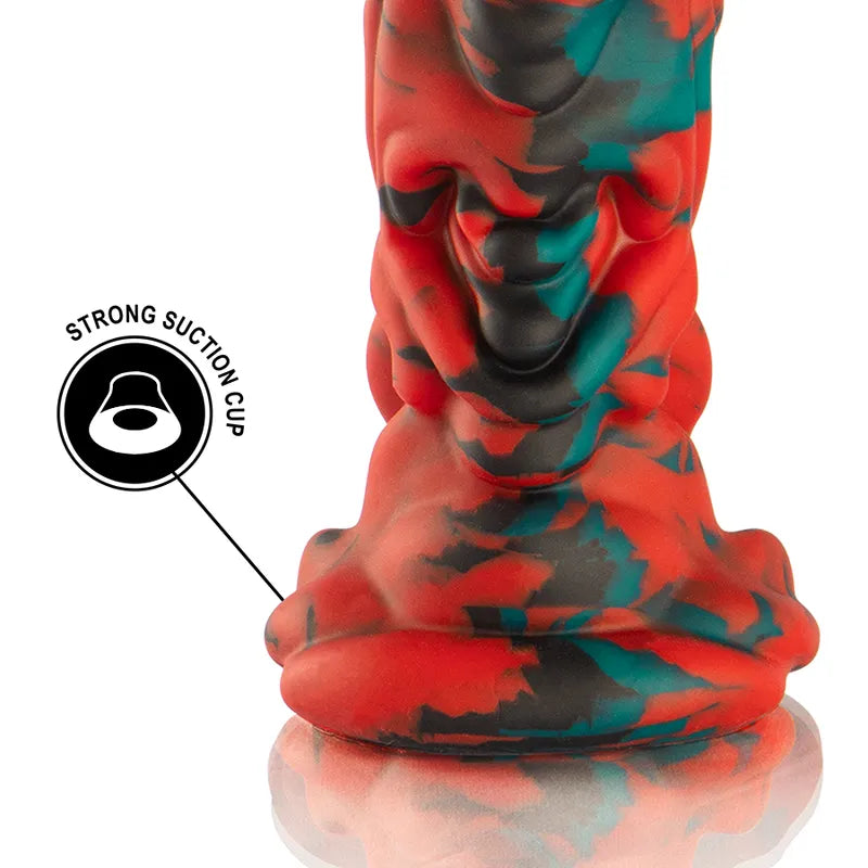 Gode mythologique silicone rouge-noir, texture lisse, base ventouse, design ergonomique, stimulation divine.