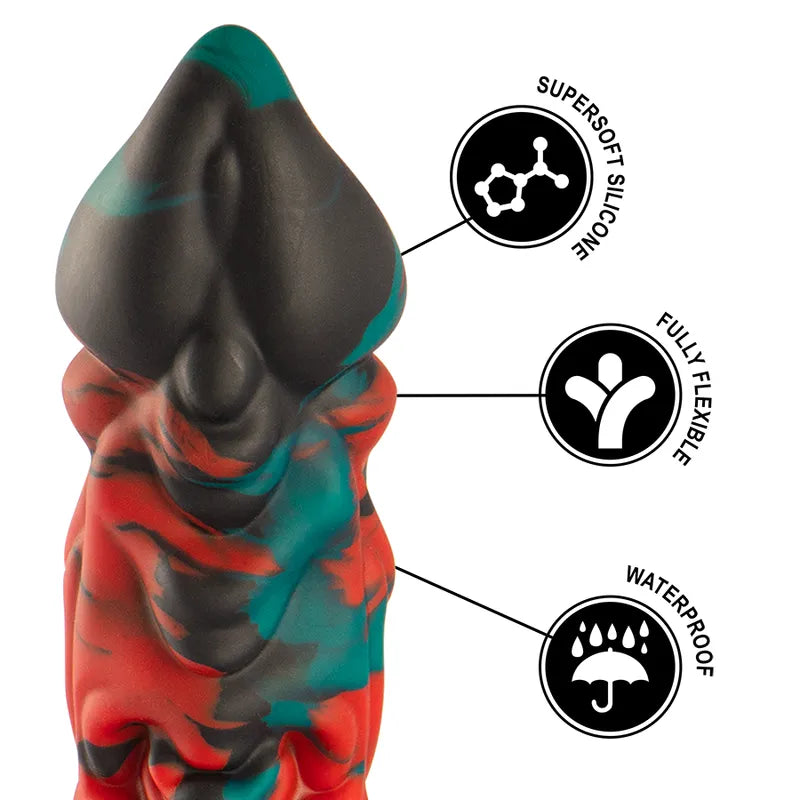 Gode silicone mythologie grecque, couleurs rouge et vert, texture douce, gland large, vibrations, télécommande ergonomique.