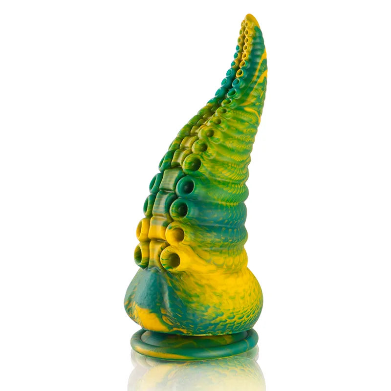 Gode silicone mythologique grec, vert et jaune, texture lisse, courbes harmonieuses, base stable, longueur 150mm.