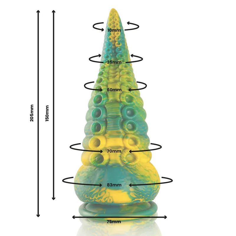 Gode en silicone mythologique grec, vert et jaune, courbes harmonieuses, texture lisse, base stable, 150mm insertible.