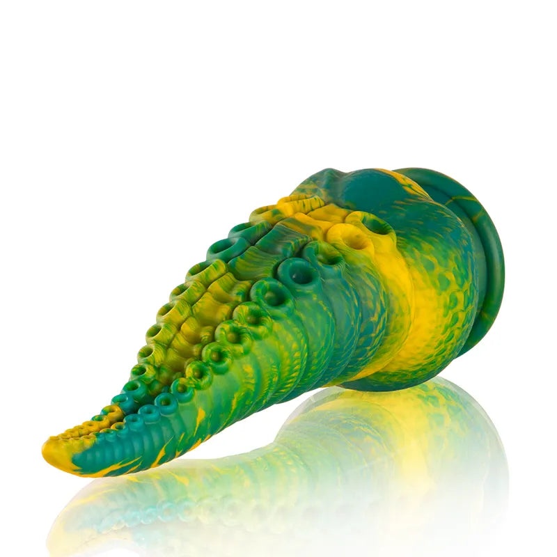 Gode en silicone mythologique grec, vert et jaune, courbes harmonieuses, texture lisse, base stable, longueur 150mm.