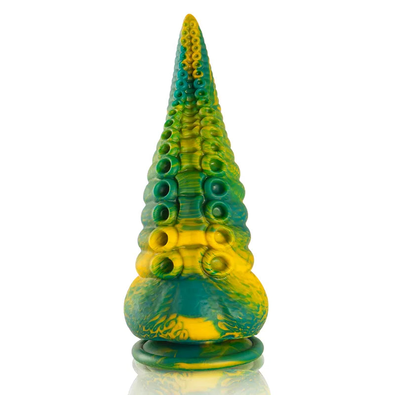 Gode silicone mythologique grec, couleurs vert et jaune, texture lisse, courbes harmonieuses, base stable.