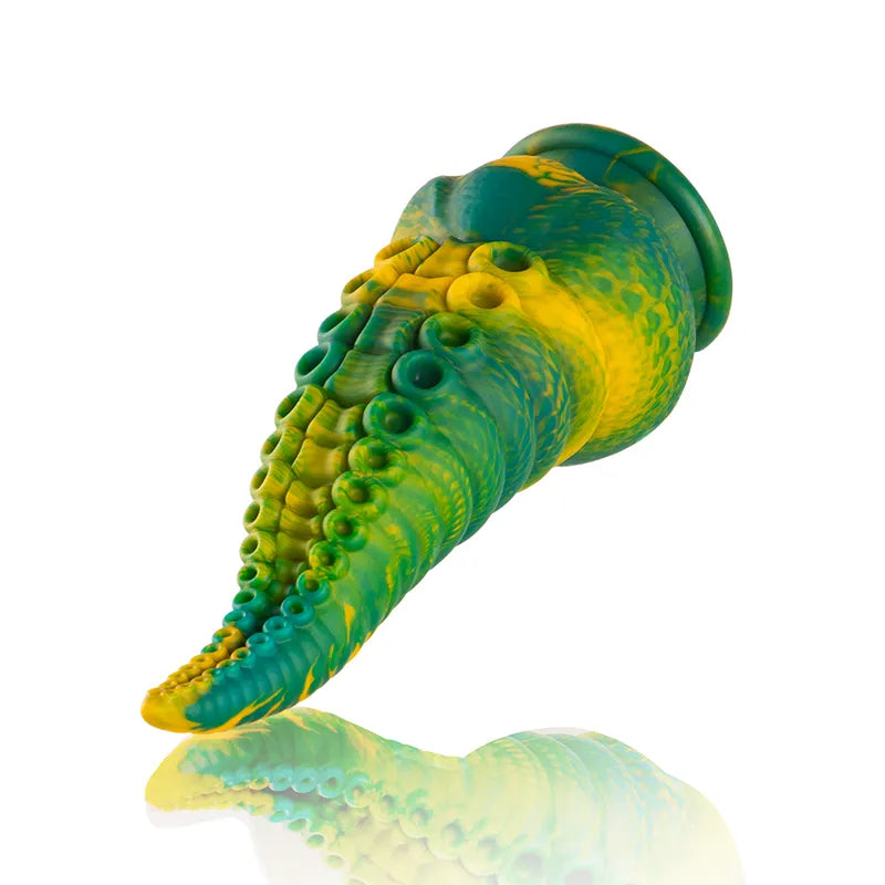 Gode en silicone mythologique grec, courbes harmonieuses, texture lisse, couleur verte et jaune, base stable.