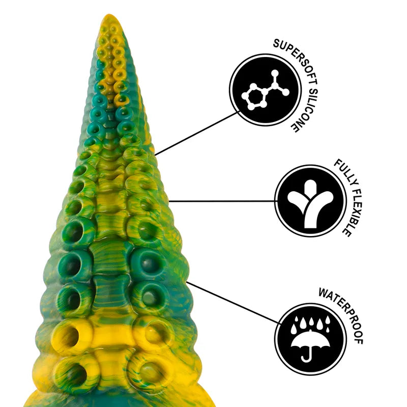 Gode silicone mythologique grec, couleurs vert et jaune, texture lisse, courbes ergonomiques, base stable, 150mm insertible.