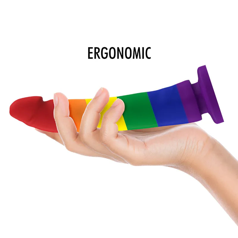 Gode silicone arc-en-ciel 15cm, base ventouse, ergonomique, sans BPA, compatible harnais, vibrant, lubrifiant inclus.