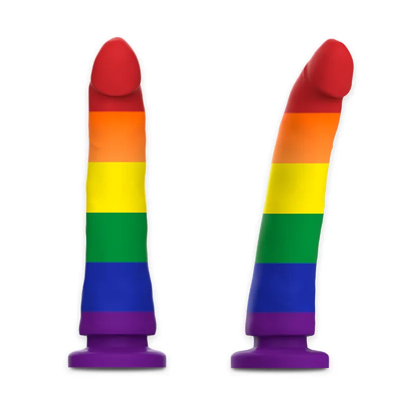 Gode silicone arc-en-ciel 15cm, base ventouse, compatible harnais, vibrant, sans BPA, qualité médicale, lubrifiant inclus.