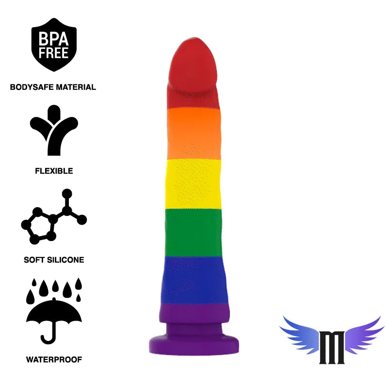 Gode silicone arc-en-ciel 15cm, base ventouse, sans BPA, qualité médicale, compatible harnais, vibrant, lubrifiant inclus.