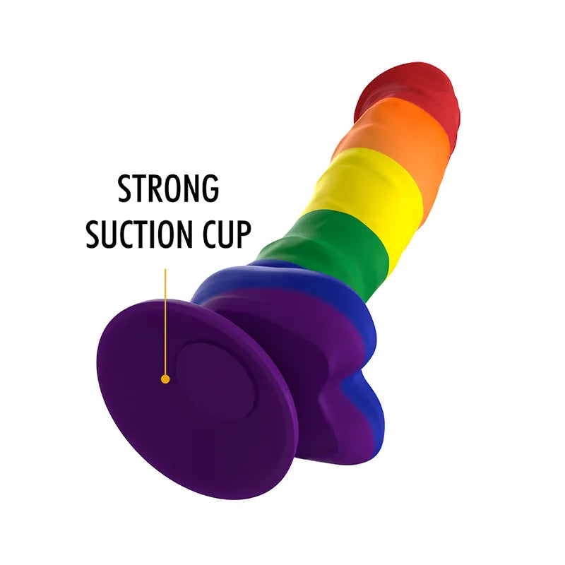 Gode en silicone arc-en-ciel ergonomique avec base à ventouse puissante, flexible et hypoallergénique.