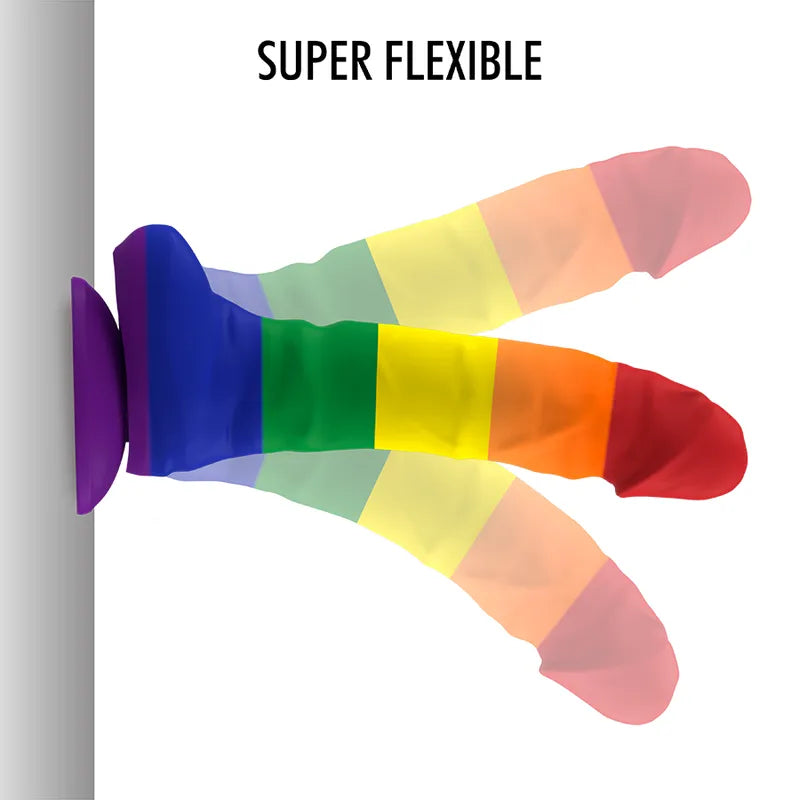 Gode silicone arc-en-ciel flexible, base ventouse, design ergonomique, sans vibration, compatible harnais.