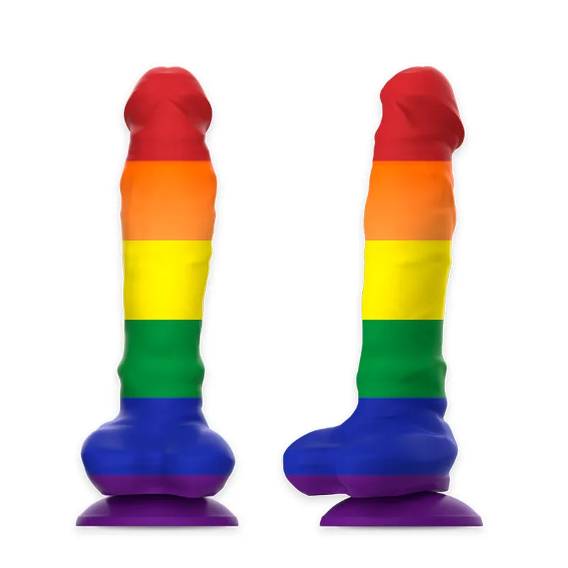 Gode silicone arc-en-ciel, base ventouse, design ergonomique, flexible, hypoallergénique, compatible harnais.