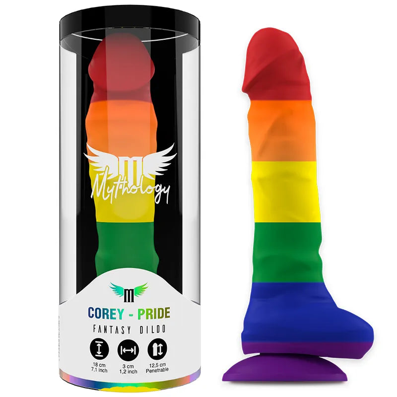 Gode en silicone arc-en-ciel, base ventouse, ergonomique, flexible, emballage Mythology, sans vibration.