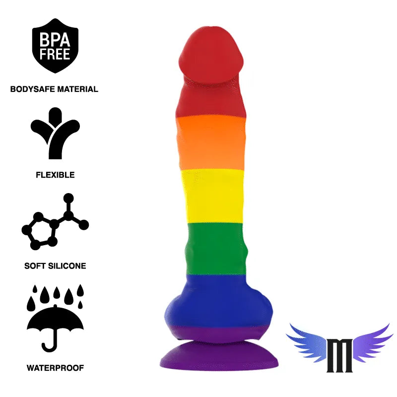 Gode en silicone arc-en-ciel, base à ventouse, hypoallergénique, flexible, sans BPA, compatible harnais, logo MYTHOLOGY.