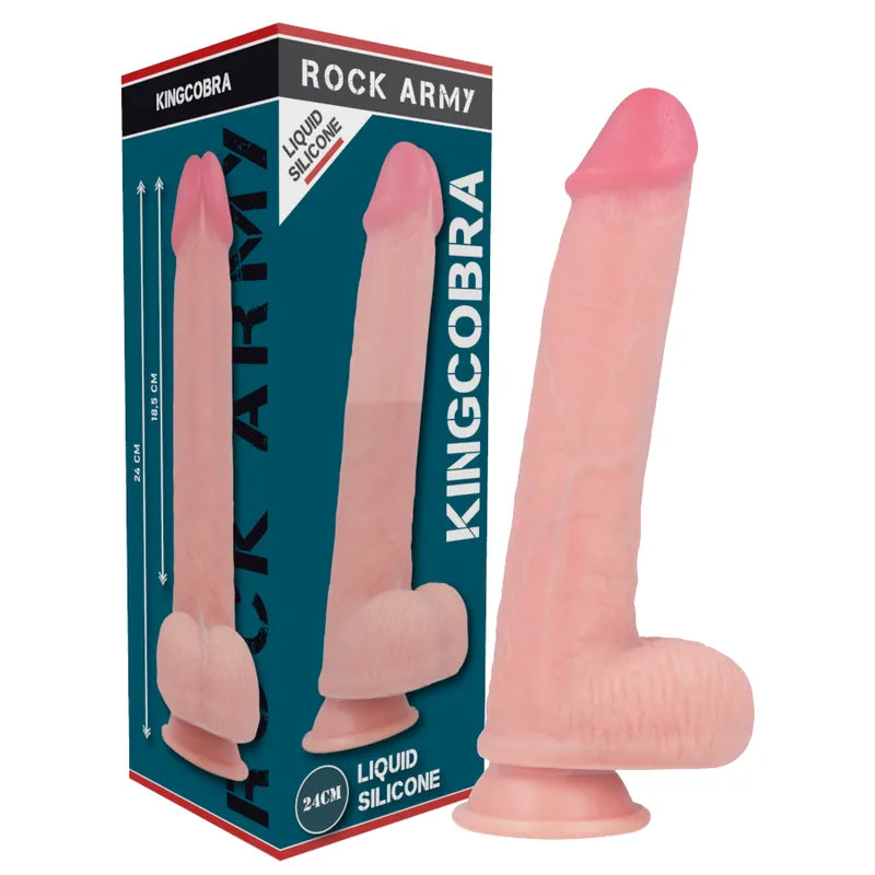 Gode réaliste en silicone rose avec ventouse, double densité, base ergonomique, compatible harnais, boîte Rock Army.